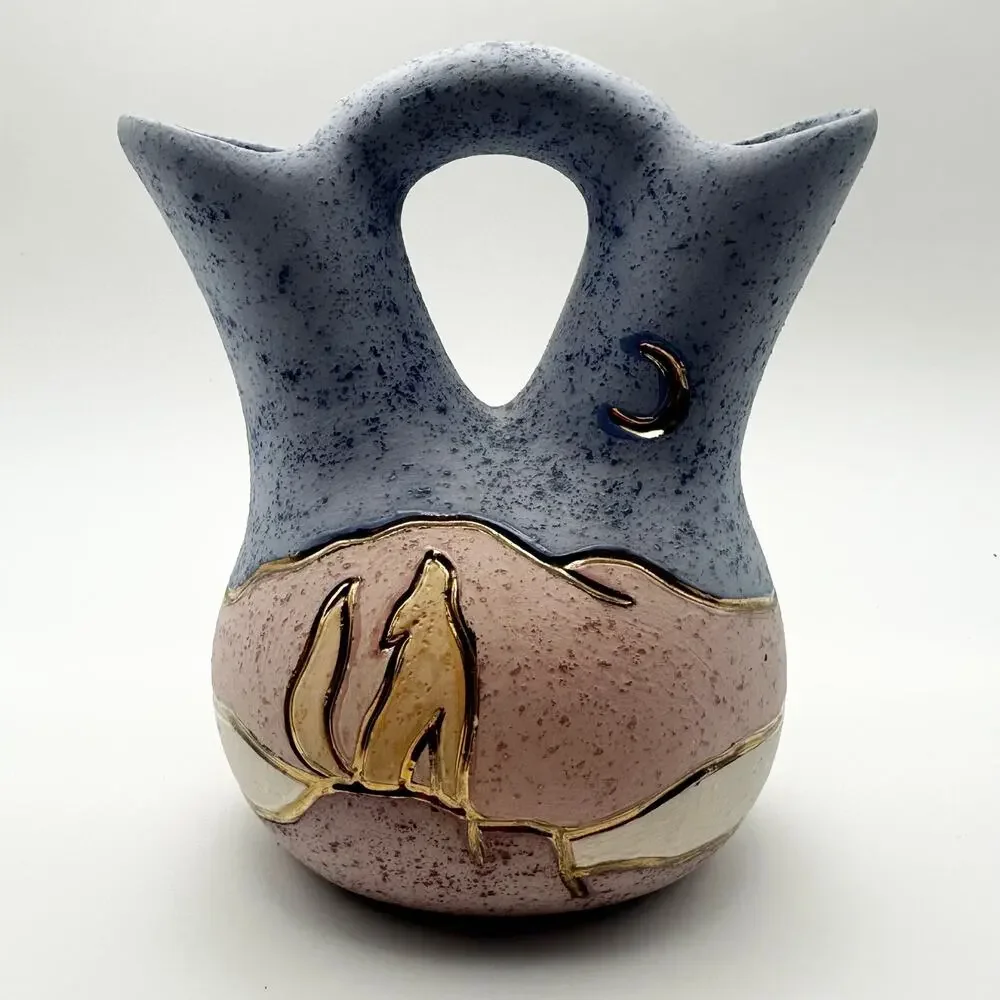 Vintage Native American Double Wedding Vase Blue Pink Wolf Howl Moon Marked 6”